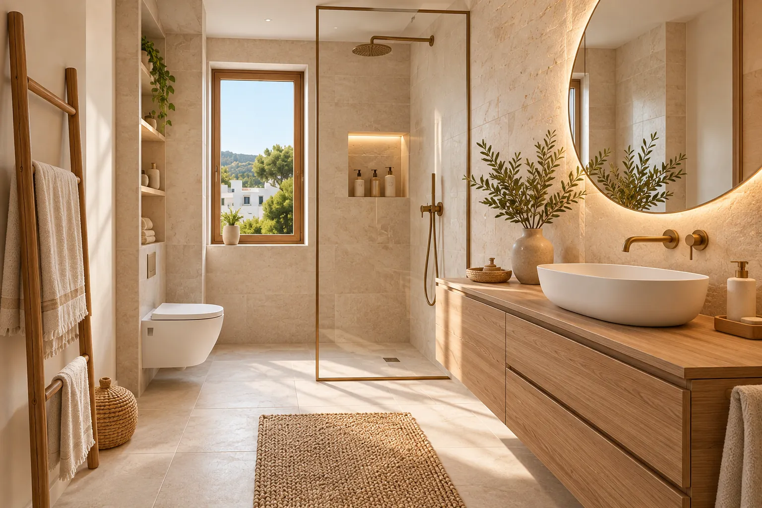 Baño Eivissa: revestimiento de piedra clara, mueble suspendido de roble, lavabo sobre encimera, grifería de latón y ducha con mampara de perfil fino