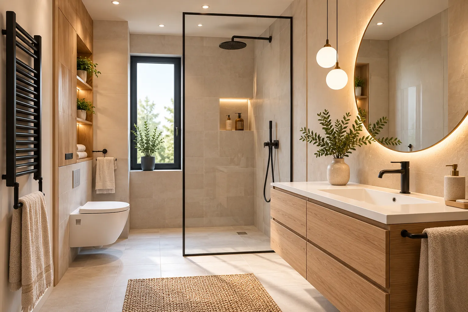 Baño Nórdico: porcelánico claro de gran formato, mueble suspendido de madera clara, grifería negra, radiador toallero negro y ducha con mampara de perfil negro