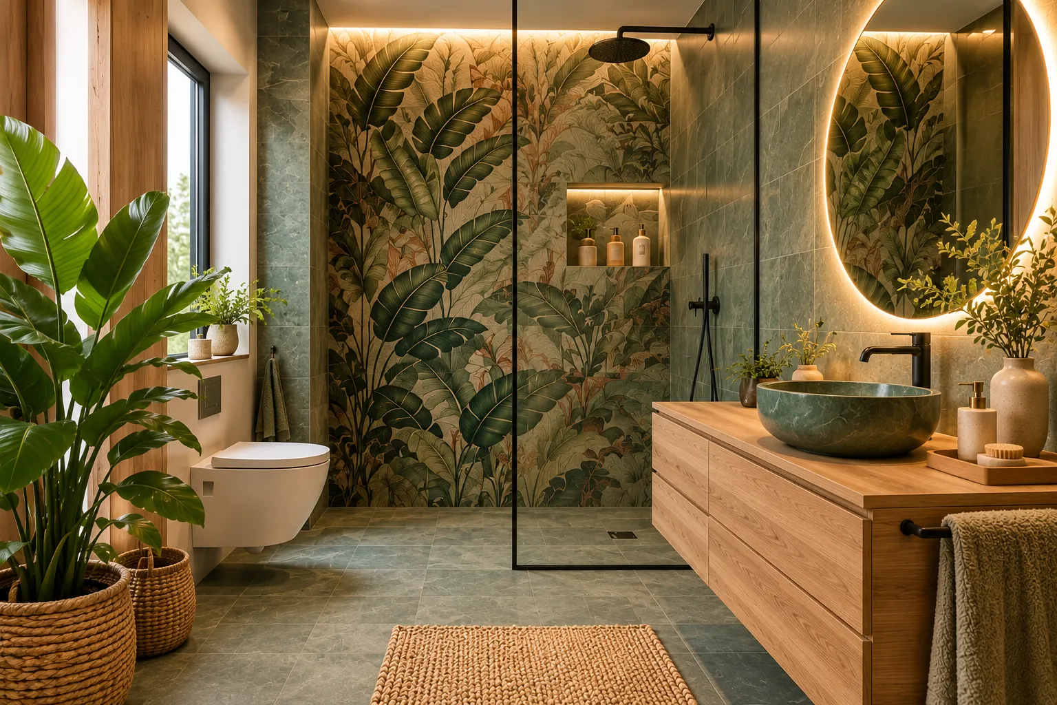 Baño Tropical: pared de ducha con mural de hojas, revestimiento verde piedra, mueble suspendido de roble, lavabo de piedra verde, grifería negra y plantas