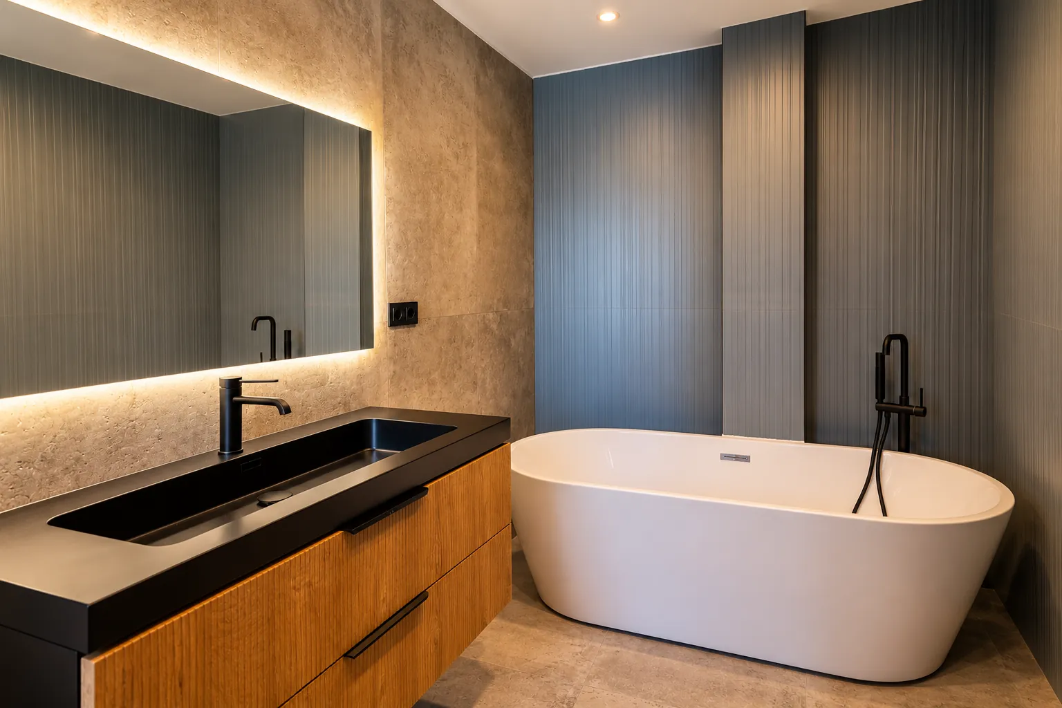 Bañera exenta con grifería de pie negra, revestimiento acanalado gris azulado y lavabo negro de 120 cm sobre mueble de madera